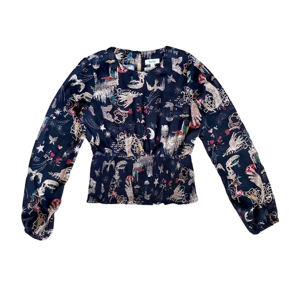 Nicole Miller NY black long puff sleeve blouse smocked waist holiday print XS - Picture 6 of 14